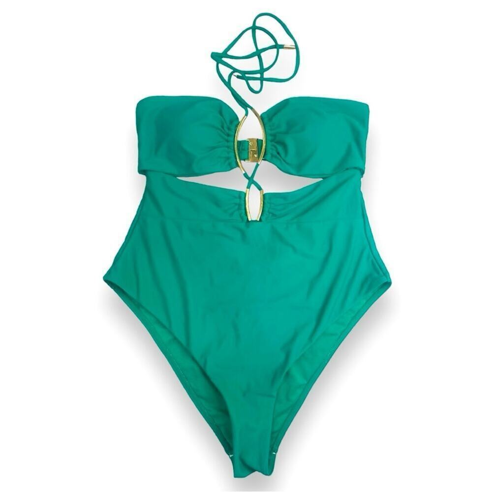 River Island - Women’s Emerald Green Strappy High Cut One Piece Swimsuit